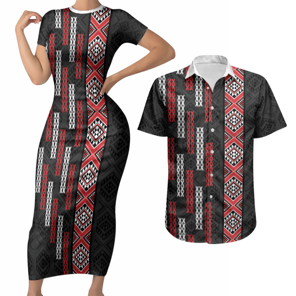 Roimata Toroa Maori Taniko Inspired New Zealand Couples Matching Short Sleeve Bodycon Dress and Hawaiian Shirt