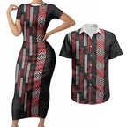 Roimata Toroa Maori Taniko Inspired New Zealand Couples Matching Short Sleeve Bodycon Dress and Hawaiian Shirt
