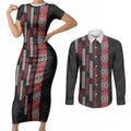 Roimata Toroa Maori Taniko Inspired New Zealand Couples Matching Short Sleeve Bodycon Dress and Long Sleeve Button Shirt