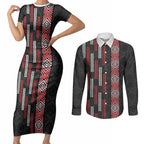 Roimata Toroa Maori Taniko Inspired New Zealand Couples Matching Short Sleeve Bodycon Dress and Long Sleeve Button Shirt