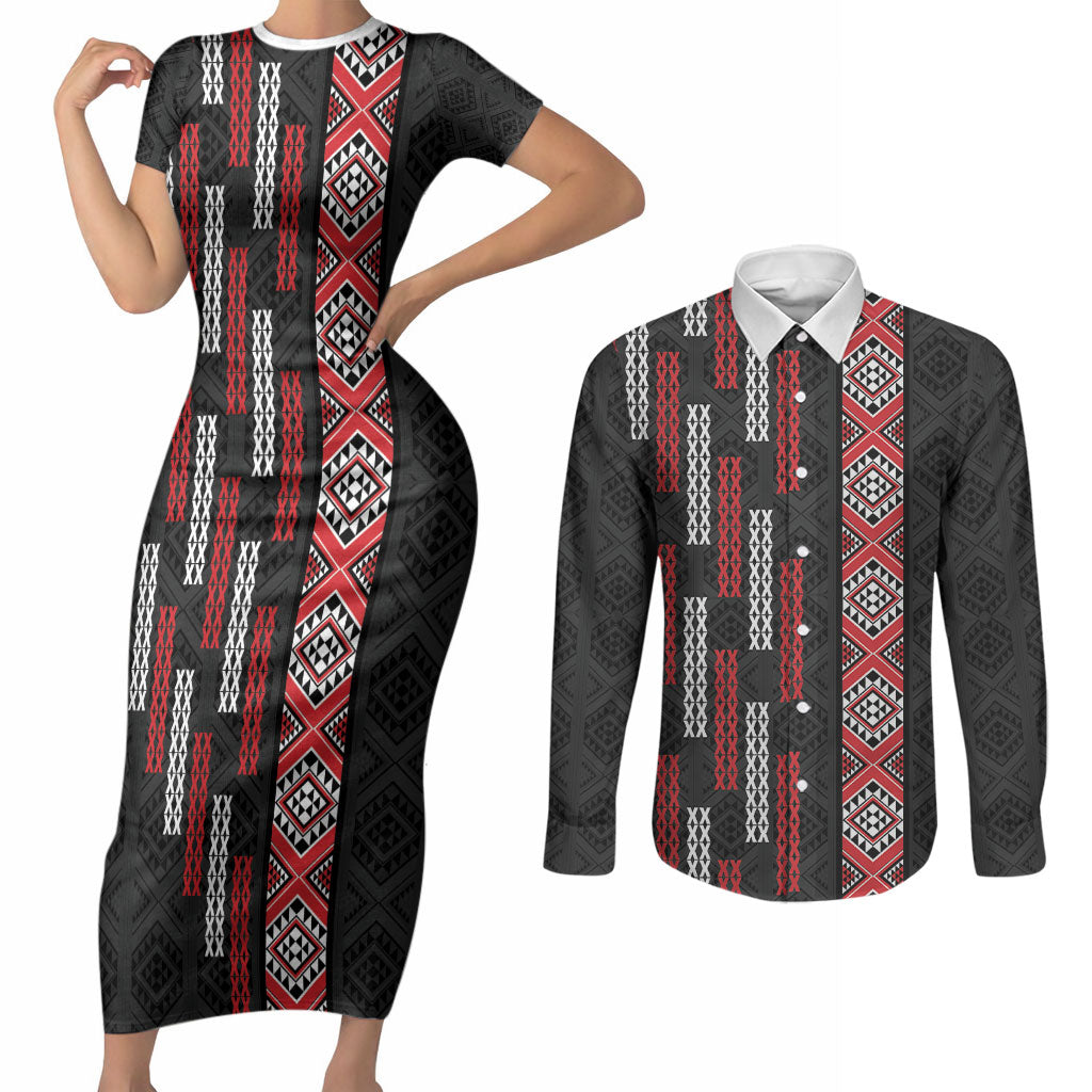 Roimata Toroa Maori Taniko Inspired New Zealand Couples Matching Short Sleeve Bodycon Dress and Long Sleeve Button Shirt