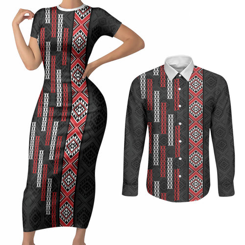 Roimata Toroa Maori Taniko Inspired New Zealand Couples Matching Short Sleeve Bodycon Dress and Long Sleeve Button Shirt