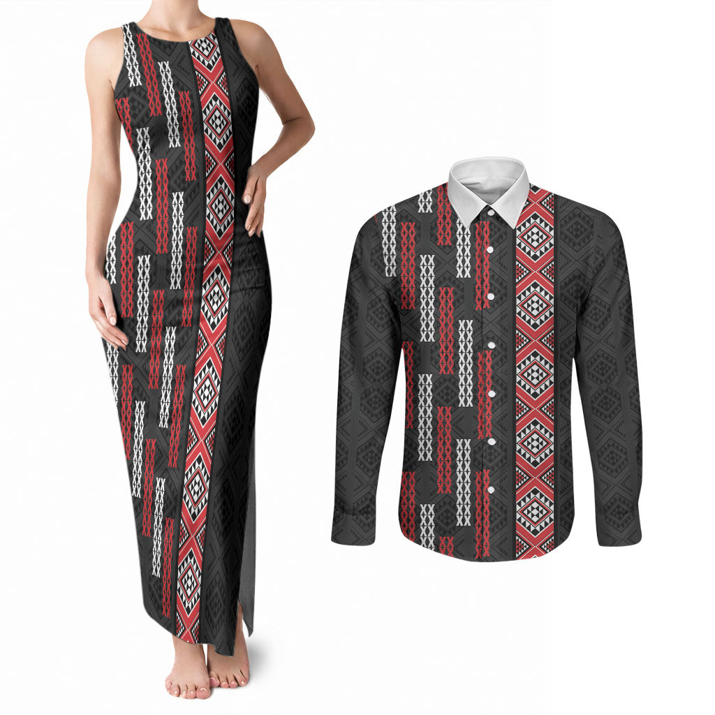 Roimata Toroa Maori Taniko Inspired New Zealand Couples Matching Tank Maxi Dress and Long Sleeve Button Shirt