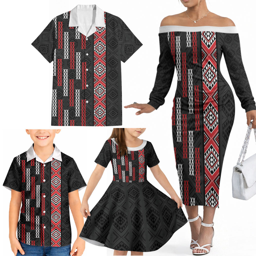 Roimata Toroa Maori Taniko Inspired New Zealand Family Matching Off The Shoulder Long Sleeve Dress and Hawaiian Shirt