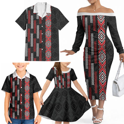 Roimata Toroa Maori Taniko Inspired New Zealand Family Matching Off The Shoulder Long Sleeve Dress and Hawaiian Shirt