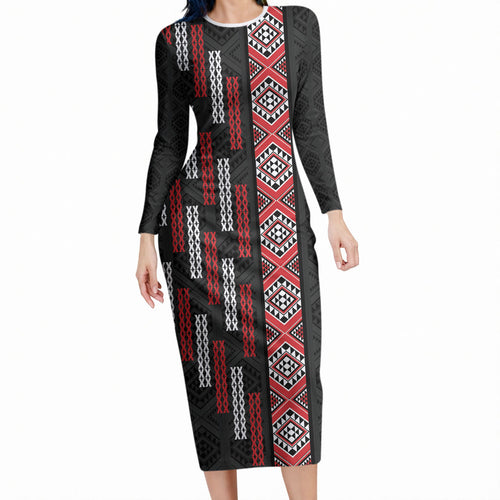 Roimata Toroa Maori Taniko Inspired New Zealand Long Sleeve Bodycon Dress