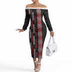 Roimata Toroa Maori Taniko Inspired New Zealand Off The Shoulder Long Sleeve Dress