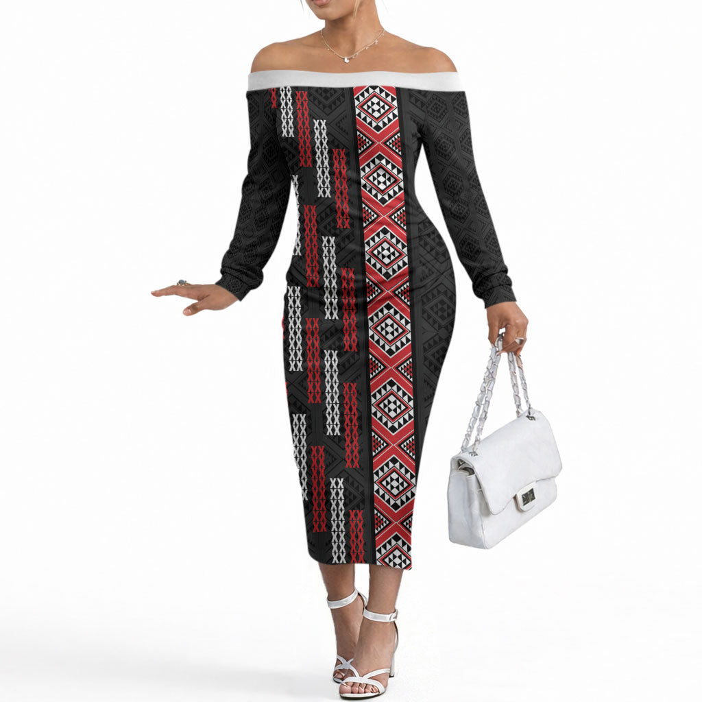 Roimata Toroa Maori Taniko Inspired New Zealand Off The Shoulder Long Sleeve Dress