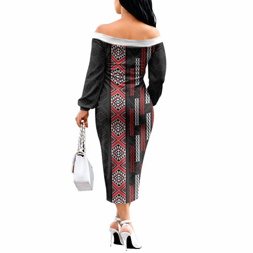 Roimata Toroa Maori Taniko Inspired New Zealand Off The Shoulder Long Sleeve Dress
