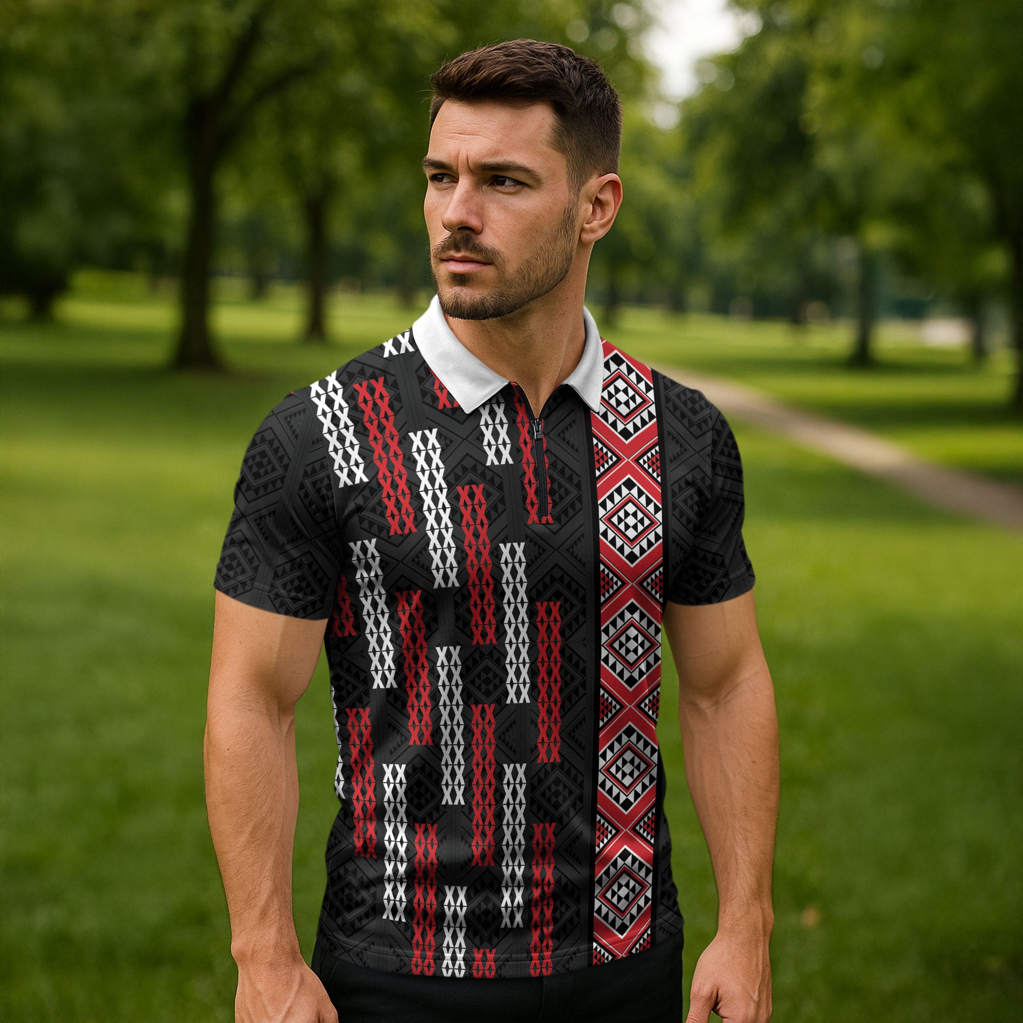 Roimata Toroa Maori Taniko Inspired New Zealand Zipper Polo Shirt