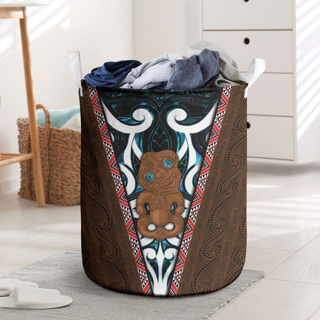 New Zealand Whakairo Laundry Basket Tiki Maori Carving Taniko Motifs
