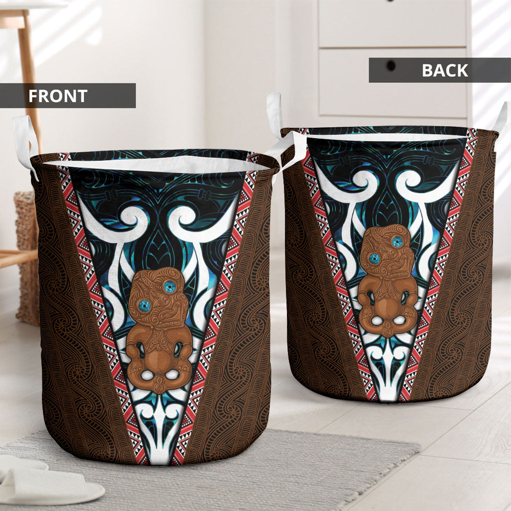 New Zealand Whakairo Laundry Basket Tiki Maori Carving Taniko Motifs