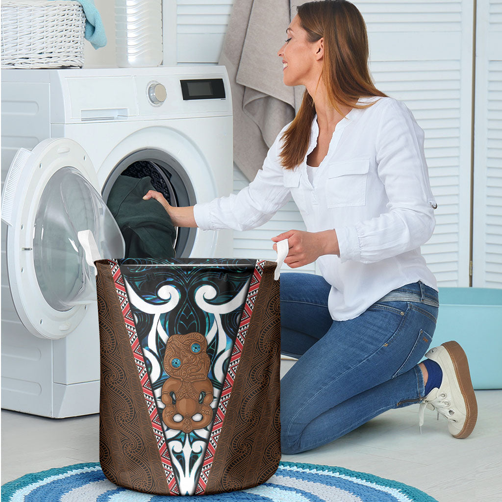 New Zealand Whakairo Laundry Basket Tiki Maori Carving Taniko Motifs