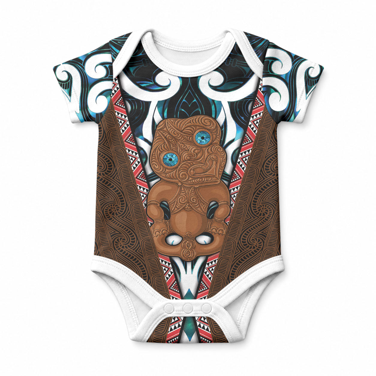 New Zealand Whakairo Baby Onesie Tiki Maori Carving Taniko Motifs