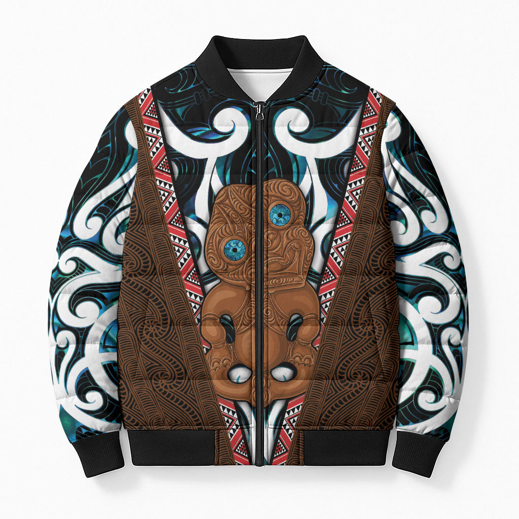 New Zealand Whakairo Bomber Puffer Jacket Tiki Maori Carving Taniko Motifs