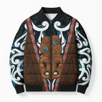 New Zealand Whakairo Bomber Puffer Jacket Tiki Maori Carving Taniko Motifs