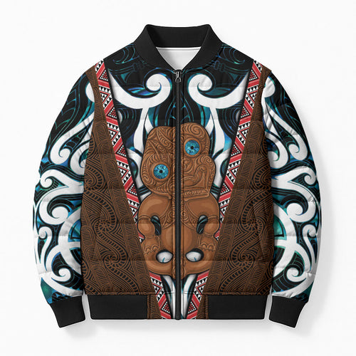 New Zealand Whakairo Bomber Puffer Jacket Tiki Maori Carving Taniko Motifs