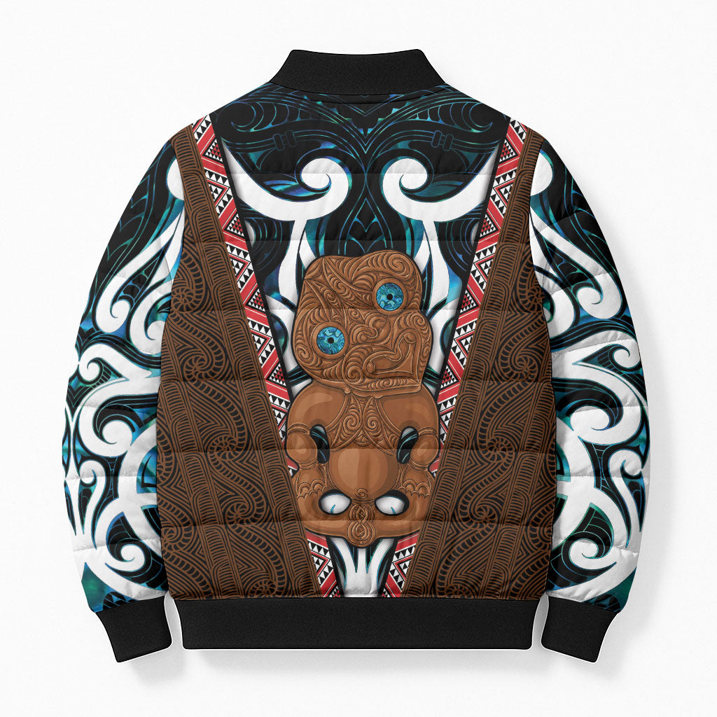 New Zealand Whakairo Bomber Puffer Jacket Tiki Maori Carving Taniko Motifs