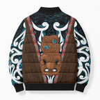 New Zealand Whakairo Bomber Puffer Jacket Tiki Maori Carving Taniko Motifs