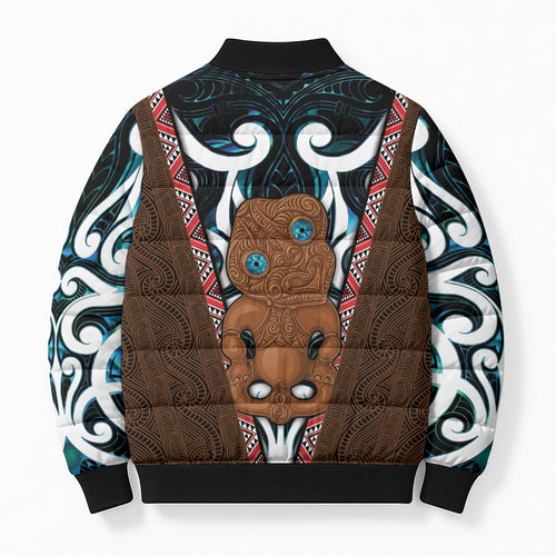 New Zealand Whakairo Bomber Puffer Jacket Tiki Maori Carving Taniko Motifs