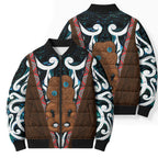 New Zealand Whakairo Bomber Puffer Jacket Tiki Maori Carving Taniko Motifs