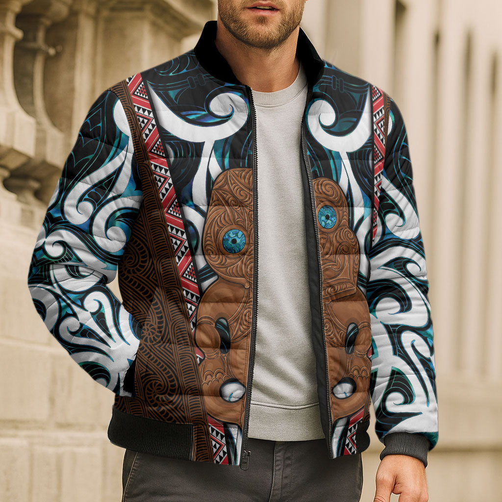 New Zealand Whakairo Bomber Puffer Jacket Tiki Maori Carving Taniko Motifs