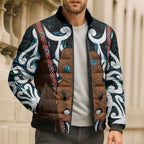 New Zealand Whakairo Bomber Puffer Jacket Tiki Maori Carving Taniko Motifs