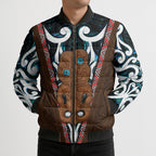 New Zealand Whakairo Bomber Puffer Jacket Tiki Maori Carving Taniko Motifs