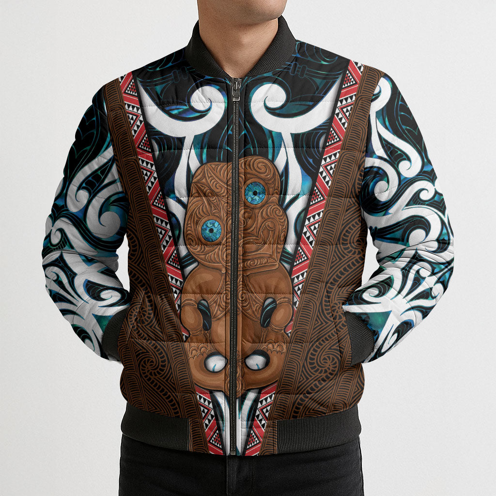 New Zealand Whakairo Bomber Puffer Jacket Tiki Maori Carving Taniko Motifs
