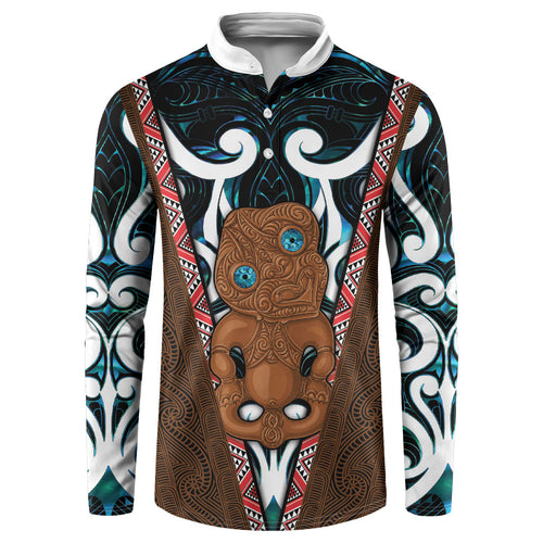 New Zealand Whakairo Button Sweatshirt Tiki Maori Carving Taniko Motifs