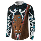 New Zealand Whakairo Button Sweatshirt Tiki Maori Carving Taniko Motifs
