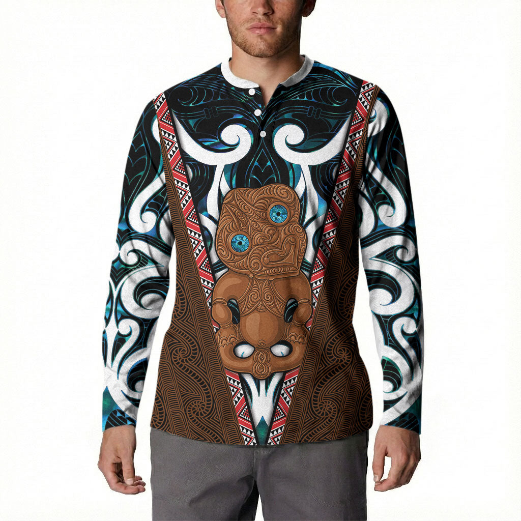 New Zealand Whakairo Button Sweatshirt Tiki Maori Carving Taniko Motifs