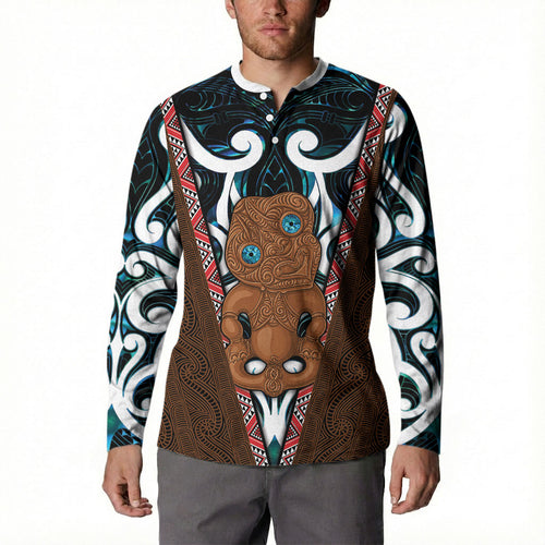 New Zealand Whakairo Button Sweatshirt Tiki Maori Carving Taniko Motifs