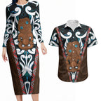 New Zealand Whakairo Couples Matching Long Sleeve Bodycon Dress and Hawaiian Shirt Tiki Maori Carving Taniko Motifs