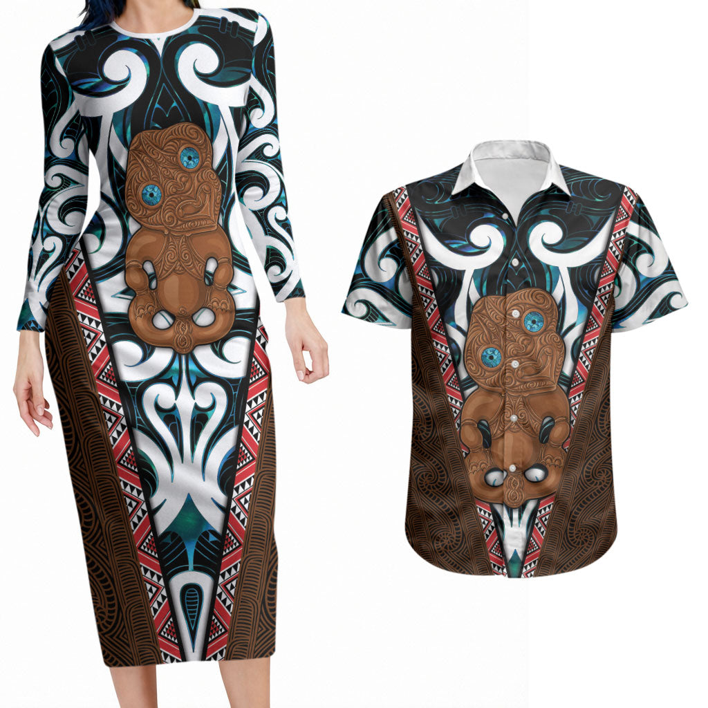 New Zealand Whakairo Couples Matching Long Sleeve Bodycon Dress and Hawaiian Shirt Tiki Maori Carving Taniko Motifs