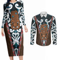 New Zealand Whakairo Couples Matching Long Sleeve Bodycon Dress and Long Sleeve Button Shirt Tiki Maori Carving Taniko Motifs