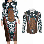 New Zealand Whakairo Couples Matching Long Sleeve Bodycon Dress and Long Sleeve Button Shirt Tiki Maori Carving Taniko Motifs