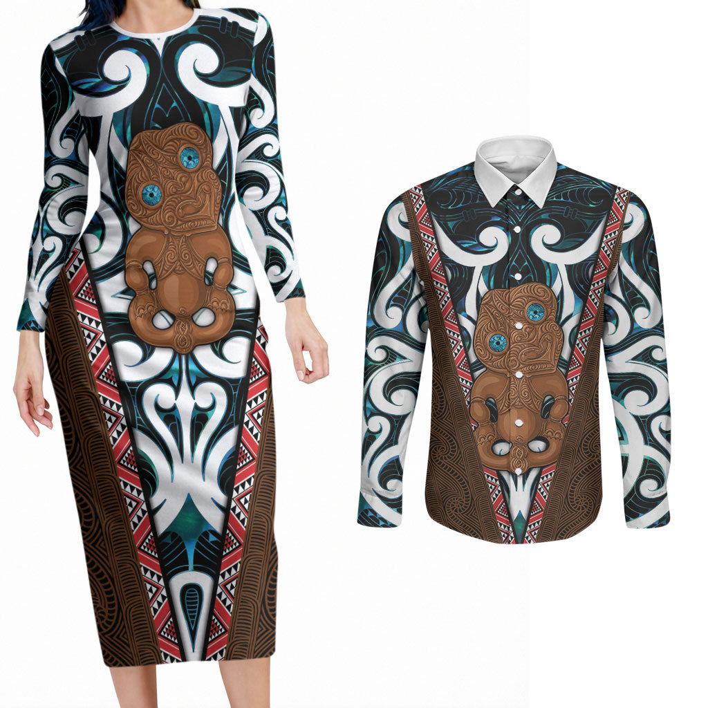 New Zealand Whakairo Couples Matching Long Sleeve Bodycon Dress and Long Sleeve Button Shirt Tiki Maori Carving Taniko Motifs