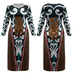 New Zealand Whakairo Couples Matching Long Sleeve Bodycon Dress and Long Sleeve Button Shirt Tiki Maori Carving Taniko Motifs