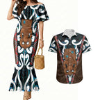 New Zealand Whakairo Couples Matching Mermaid Dress and Hawaiian Shirt Tiki Maori Carving Taniko Motifs