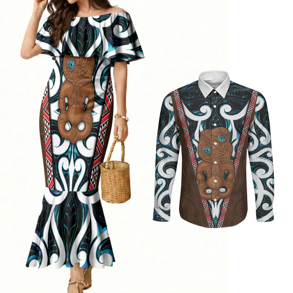 New Zealand Whakairo Couples Matching Mermaid Dress and Long Sleeve Button Shirt Tiki Maori Carving Taniko Motifs