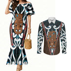 New Zealand Whakairo Couples Matching Mermaid Dress and Long Sleeve Button Shirt Tiki Maori Carving Taniko Motifs