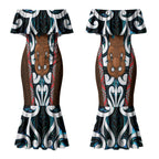 New Zealand Whakairo Couples Matching Mermaid Dress and Long Sleeve Button Shirt Tiki Maori Carving Taniko Motifs