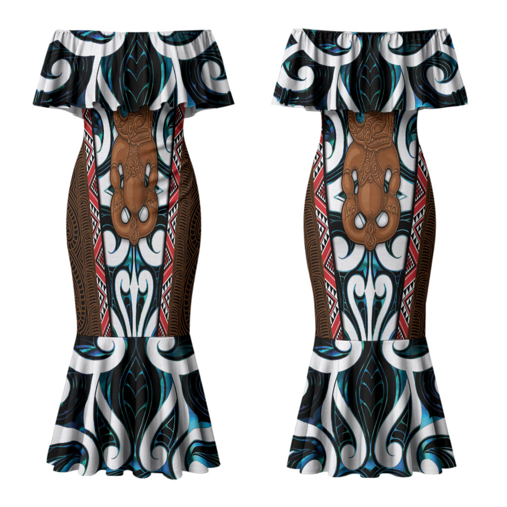 New Zealand Whakairo Couples Matching Mermaid Dress and Long Sleeve Button Shirt Tiki Maori Carving Taniko Motifs