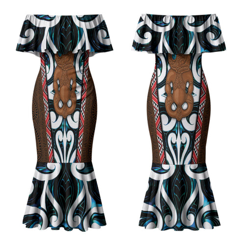 New Zealand Whakairo Couples Matching Mermaid Dress and Long Sleeve Button Shirt Tiki Maori Carving Taniko Motifs