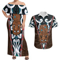 New Zealand Whakairo Couples Matching Off Shoulder Maxi Dress and Hawaiian Shirt Tiki Maori Carving Taniko Motifs