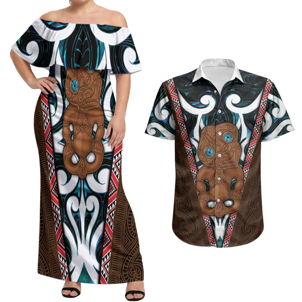 New Zealand Whakairo Couples Matching Off Shoulder Maxi Dress and Hawaiian Shirt Tiki Maori Carving Taniko Motifs
