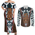New Zealand Whakairo Couples Matching Off Shoulder Maxi Dress and Long Sleeve Button Shirt Tiki Maori Carving Taniko Motifs