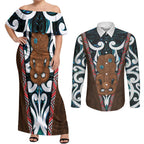 New Zealand Whakairo Couples Matching Off Shoulder Maxi Dress and Long Sleeve Button Shirt Tiki Maori Carving Taniko Motifs