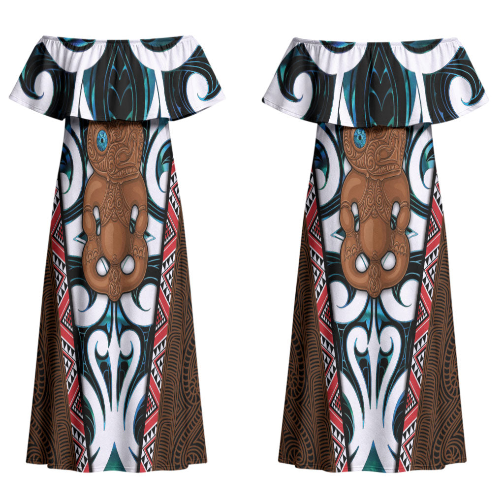 New Zealand Whakairo Couples Matching Off Shoulder Maxi Dress and Long Sleeve Button Shirt Tiki Maori Carving Taniko Motifs